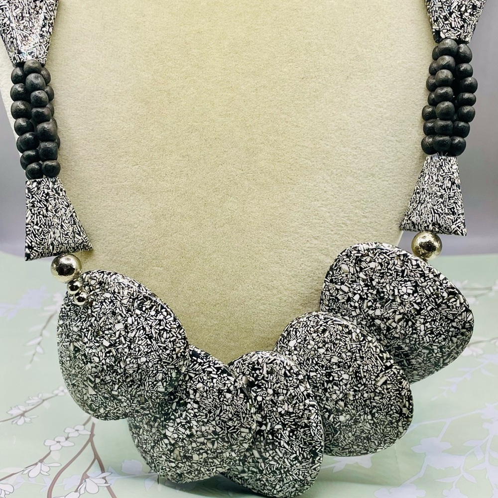 Chunky Black and White Wood and Resin Beaded Necklace. 24 inches long
